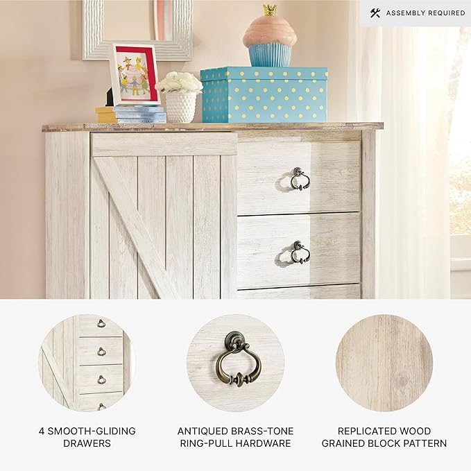 Signature Design by Ashley Willowton Shabby Chic Dressing Chest with Faux Plank Top, Whitewash