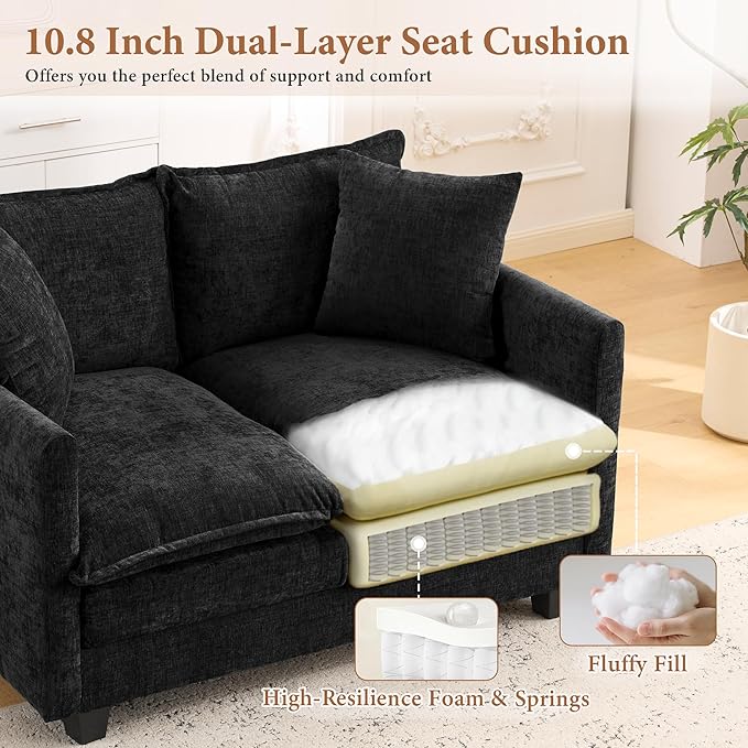 50" Loveseat Sofa Cloud Couch Small | Mini Chenille Love Seat Couches with 2 Pillows | 27.16" Deep Seat for Small Spaces Bedroom Dorm Apartment | Black