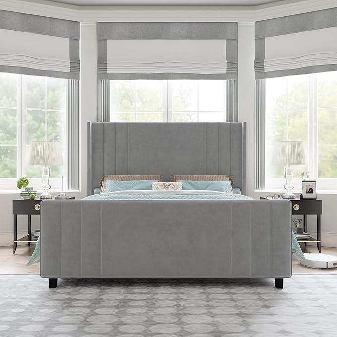 AMERLIFE King Size Bed Frame, Velvet Upholstered Platform Bed with Vertical Channel Tufted Headboard & Footboard/Wingback, Mattress Foundation with Wood Slats, No Box Spring Needed, Light Grey
