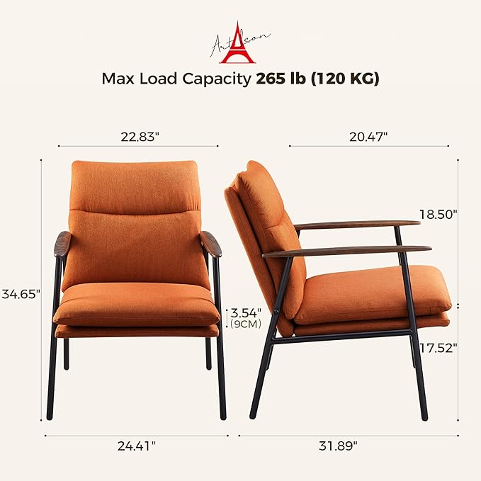Art Leon Accent Chairs Set of 2-Mid Century Modern Accent Chairs Fabric Reading Bedroom Chair Armchair Wooden Arms Metal Frame Living Room Chair for Bedroom, Caramel
