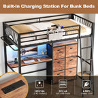 Twin Metal Loft Bed with Desk, 6 Storage Cabinet, LED Light Bunk Bed Frame Twin Size with Charging Station, No Box Spring Needed, Extra Wide Stair Treads&Safety Ladder, Hanging Rod&Guardrail