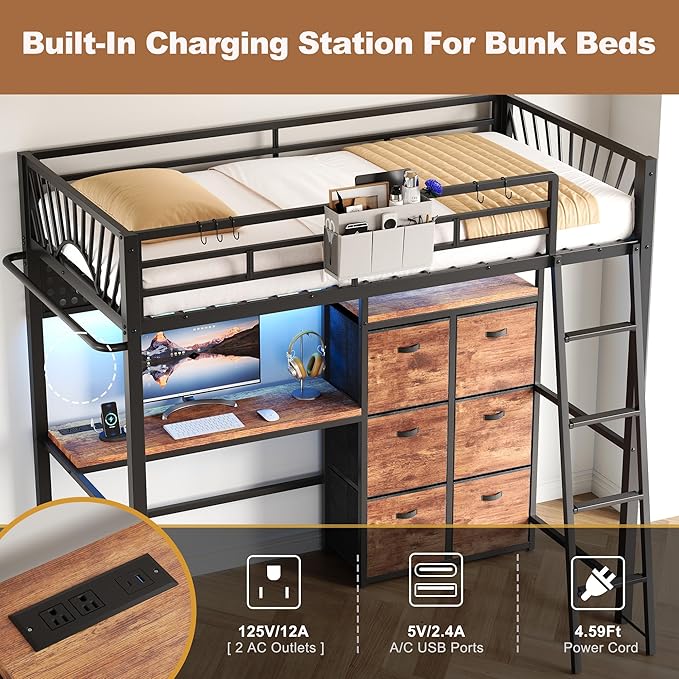 Twin Metal Loft Bed with Desk, 6 Storage Cabinet, LED Light Bunk Bed Frame Twin Size with Charging Station, No Box Spring Needed, Extra Wide Stair Treads&Safety Ladder, Hanging Rod&Guardrail