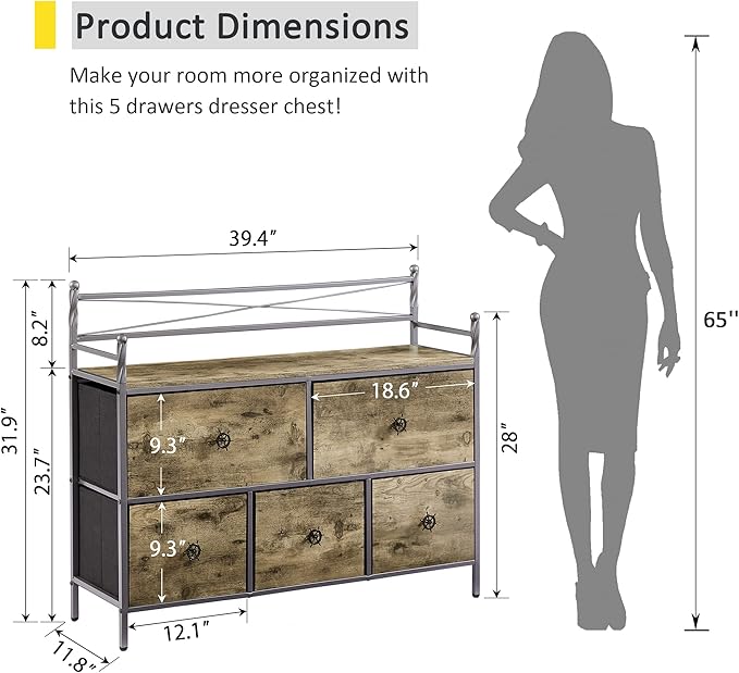 VECELO Dresser TV Stand for Bedroom with 5 Fabric Drawers, Entertainment Center for 32/40/43 in TVs, Media Console Table with Storage, Open Shelf, Adjustable Feet, Living Room Furniture, Rustic Gray