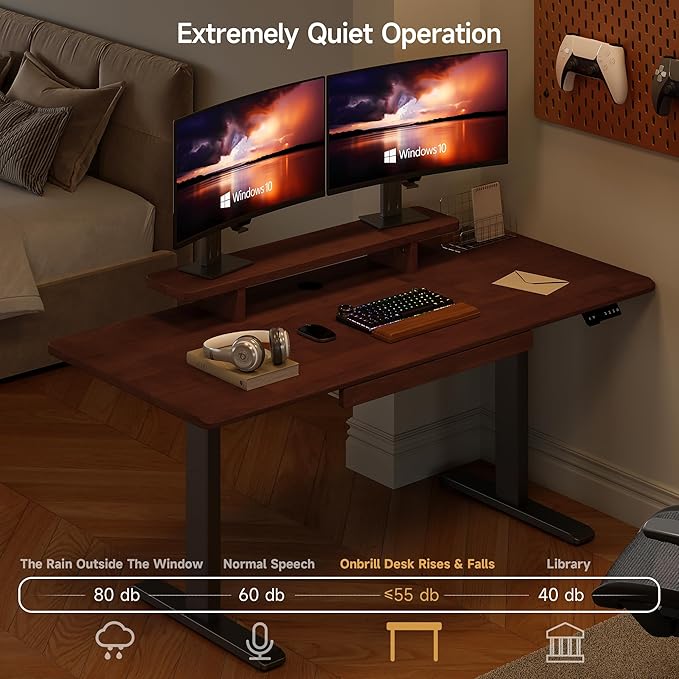 ONBRILL Standing Desk with Drawer, 47x23.6 Inches Solid Wood Desktop Stand Up Desk with Whole-Piece Board and Storage Shelf, Adjustable Height from 28-46 Inches for Home & Office, Black Walnut