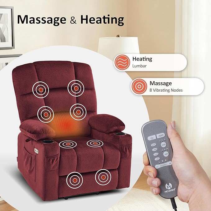 MCombo Large Dual Motor Power Lift Recliner Chair for Elderly, Massage and Heat, Lay Flat, Zero Gravity, Home Button, USB Port, Fabric 7680 (Large, Burgundy)