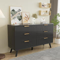 Black Fluted 6 Drawer Dresser for Bedroom, Chest of Drawers with Solid Wood Legs, Modern Dresser Chest Cabinet Organizer with Golden Handles, Beside Table for Closet, Hallway, Bedroom