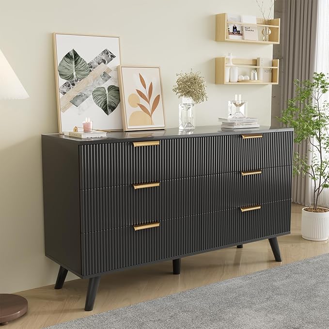 Black Fluted 6 Drawer Dresser for Bedroom, Chest of Drawers with Solid Wood Legs, Modern Dresser Chest Cabinet Organizer with Golden Handles, Beside Table for Closet, Hallway, Bedroom