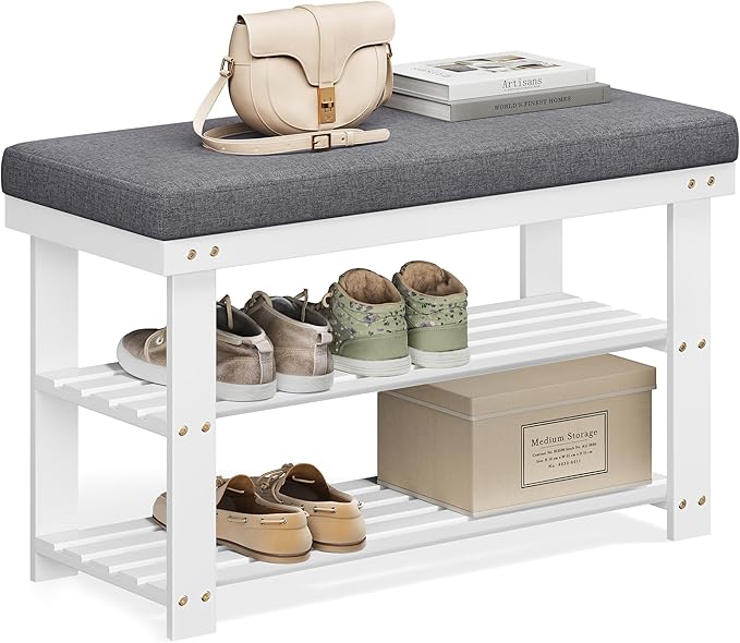 SONGMICS Bamboo Shoe Bench, 3-Tier Shoe Rack Organizer for Entryway, Living Room, Bench Seat Holds Up to 300 lb, 11.9 x 28.3 x 19.2 Inches, Cloud White and Slate Gray ULBS604W01