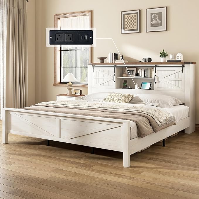 AMERLIFE Farmhouse King Bed Frame, Rustic Wood Platform Bed w/Barn Door Storage Bookcase Headboard & Charging Station, Bedroom Furniture, No Box Spring Needed, Antique White