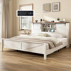 AMERLIFE Farmhouse King Bed Frame, Rustic Wood Platform Bed w/Barn Door Storage Bookcase Headboard & Charging Station, Bedroom Furniture, No Box Spring Needed, Antique White