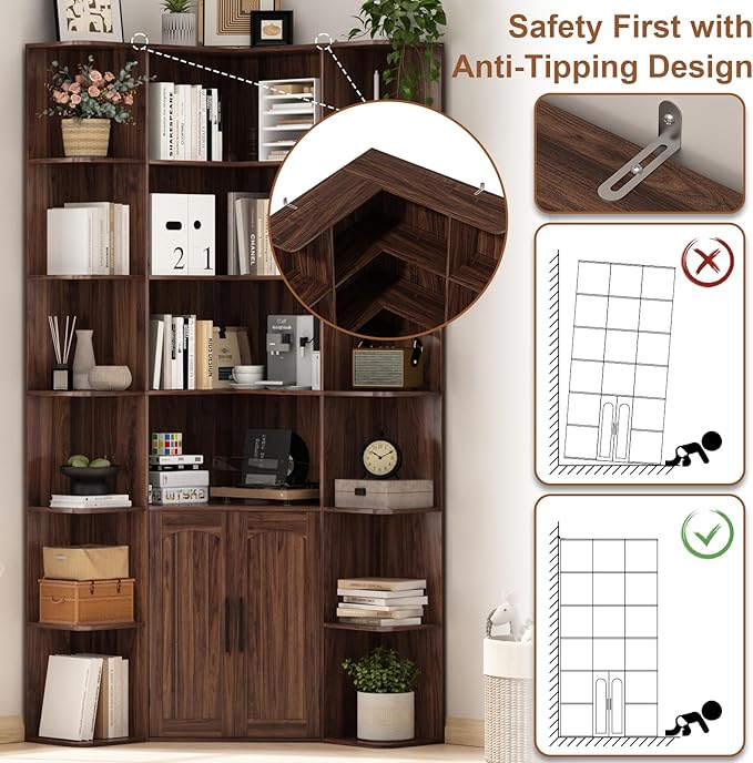 74" Tall Corner Bookshelf with 2 Arched Doors, 6-Tire L Shaped Bookcase with 16 Open Storage Shelves, Rustic Large Corner Shelf with Cabinet for Living Room, Home Office