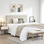 Kingfun Tufted Upholstered Full Size Bed Headboard in Modern Button Design, Adjustable Solid Wood Head Board, Premium Linen Fabric Padded Headboards in Bedroom (Beige)