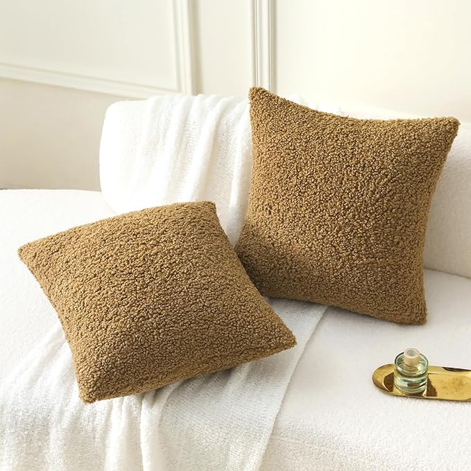FUTEI Khaki Throw Pillow Covers 24x24 Inch Set of 2,Furry Faux Fur Teddy Boucle Textured Cushion Covers,Soft Fluffy European Pillow Shams,Home Decor for Couch Bed Living Room Office Car