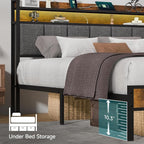 Z-hom Queen Bed Frames, Queen Bed Frame with 2-Tier Storage Upholstered Headboard, Metal Platform with USB Charging Station & LED Lights, Noise Free, No Box Spring Needed, Easy Assembly, Vintage Brown
