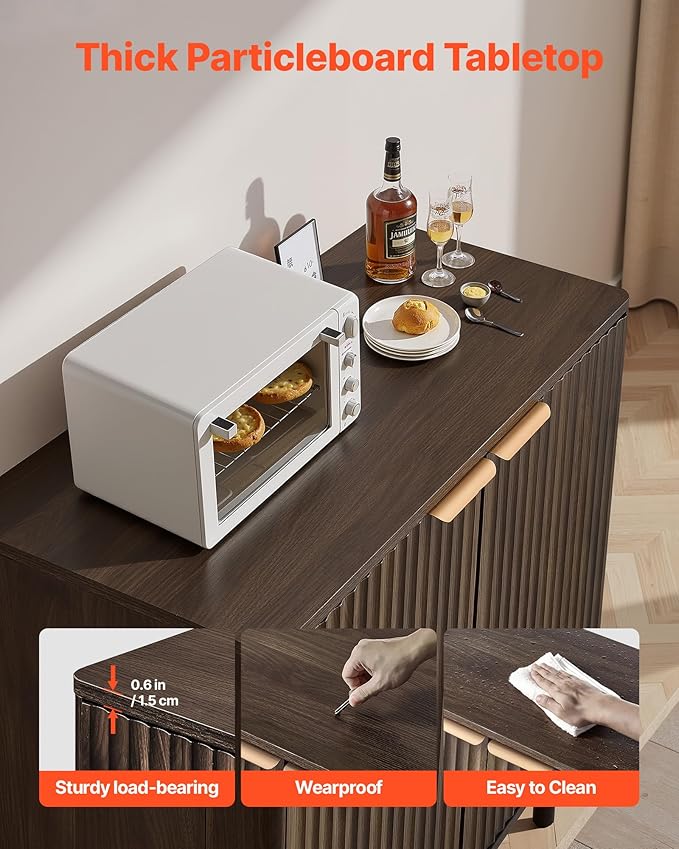 VEVOR Fluted Cabinet, Buffet Cabinet with 2-Tier Storage, Coffee Bar Cabinet with Adjustable Shelves, Sideboard Buffet for Hallway, Entryway, Living Room, or Kitchen, Walnut