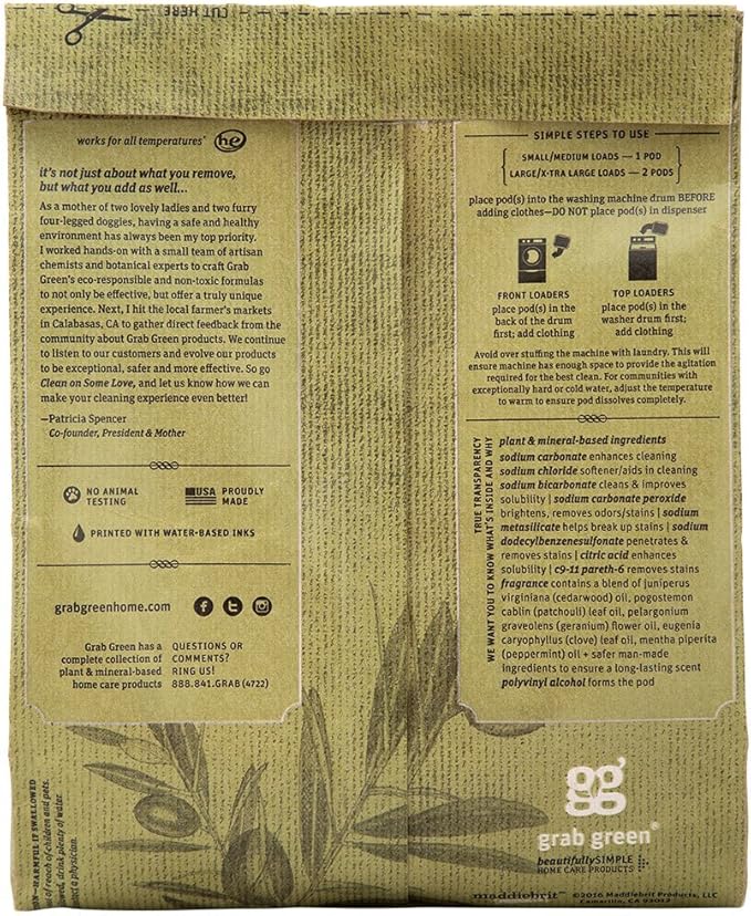 Grab Green Stoneworks Laundry Detergent Pods, Olive Leaf, 50 Loads (Pack of 1) - EPA Safer Choice Certified, Powered by Naturally Derived Plant & Mineral-Based Powder