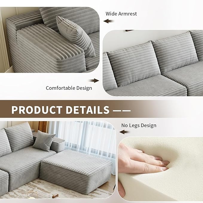 107.5" Cloud Sectional Couch with 1 Ottoman,Modern Modular Sofa with Deep Seat, Comfort U Shaped Sofa Couches for Living Room Bedroom Apartments,No Assembly Required, (Grey,Left Facing Chaise)