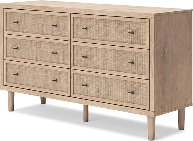 Signature Design by Ashley Cielden Coastal 6-Drawer Dresser, Bronze-Tone Knobs, Safety Stop, Textured Cane Details, 62.01" W x 19.65" D x 35.67" H, Light Brown