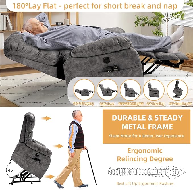 Tall Man Oversized Dual Motor Power Lift Recliner w/Heat Massage, Large Lay Flat Sleeper Electric Recliner with Extended Footrest for Elderly, Lumbar Pillow, USB & Type-C Ports, Plush-Gray