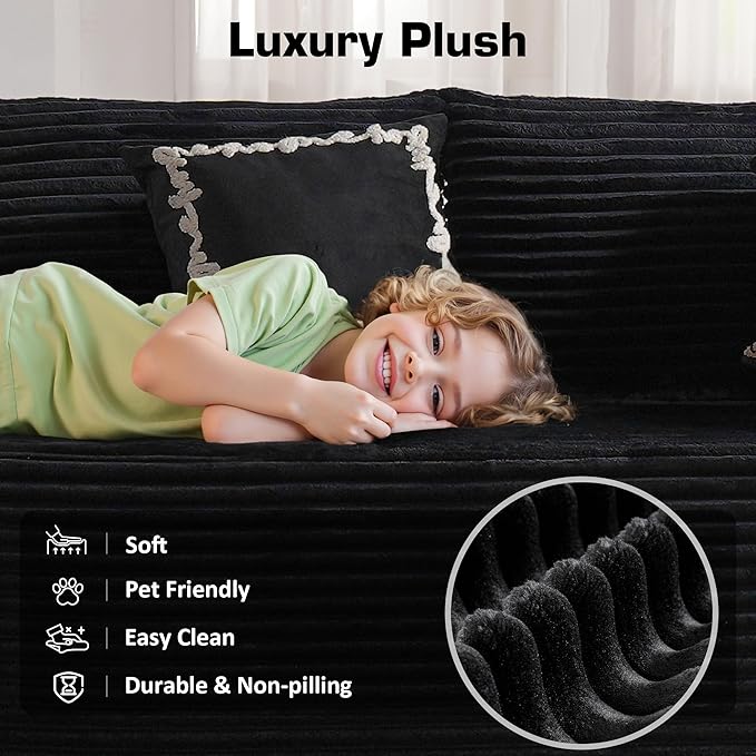 Weaxty Boneless Sectional Couch, U Shaped Modular Cloud Couches with Chaise, Plush Corduroy Memory Foam Deep Seat Floor Sofa, No Assembly Required，Black