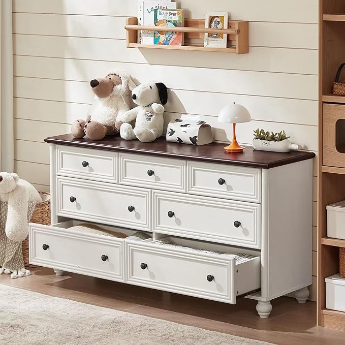 7 Drawers Dresser for Bedroom, Farmhouse 54" Wide Wood Dressers Chest of Drawers, Vintage Design TV Stand, Rustic Storage Dresser Organizer with Metal Handle Closet for Living Room, Hallway