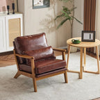 VINGLI Solid Wood Wide Armrests Accent Chair,Upholstered Mid Century Modern Chair with Pillow,Comfy Reading Chair Farmhouse Arm Chair,Chairs Living Room,Bedroom,Guest Room,PU Leather,Dark Brown