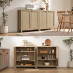 SICOTAS Rattan Cabinet Sideboard Buffet Storage Cabinet - 3 Pieces Farmhouse Boho Credenza Coffee Bar Cabinet with Rattan Decorated Doors for Kitchen Living Room - Light Oak