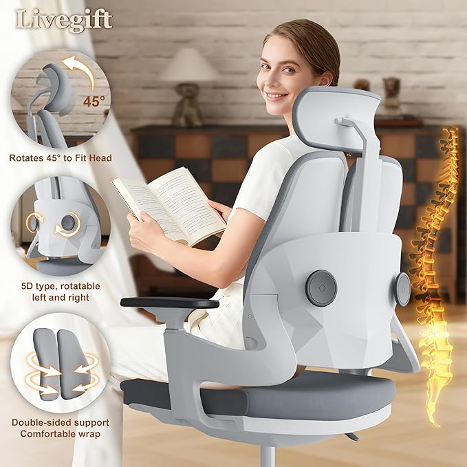 Ergonomic Office Chair Desk Chair Dual-backrest Computer Chair with Flexible Lumbar Support and Adjustable Height, 500lbs Extra Wide Seat with Wheels, for Home & Office Use Grey