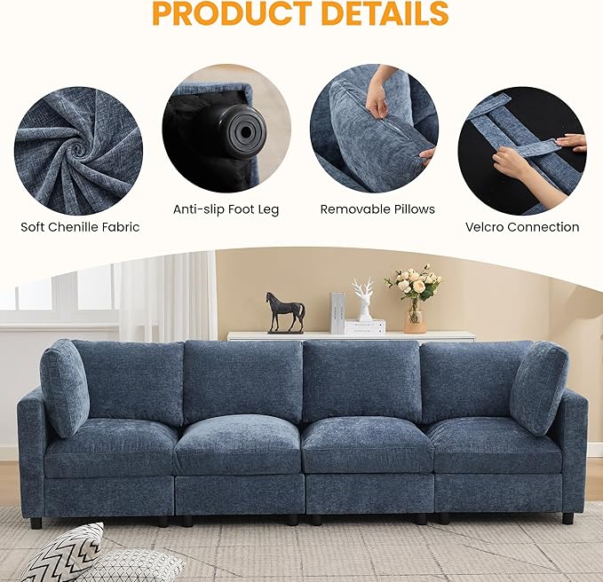 4-Seater Modular Sectional Cloud Sofa, Straight-Line Couches for Living Room, Modern Upholstered Deep Seat Sofa, Chenille Blue