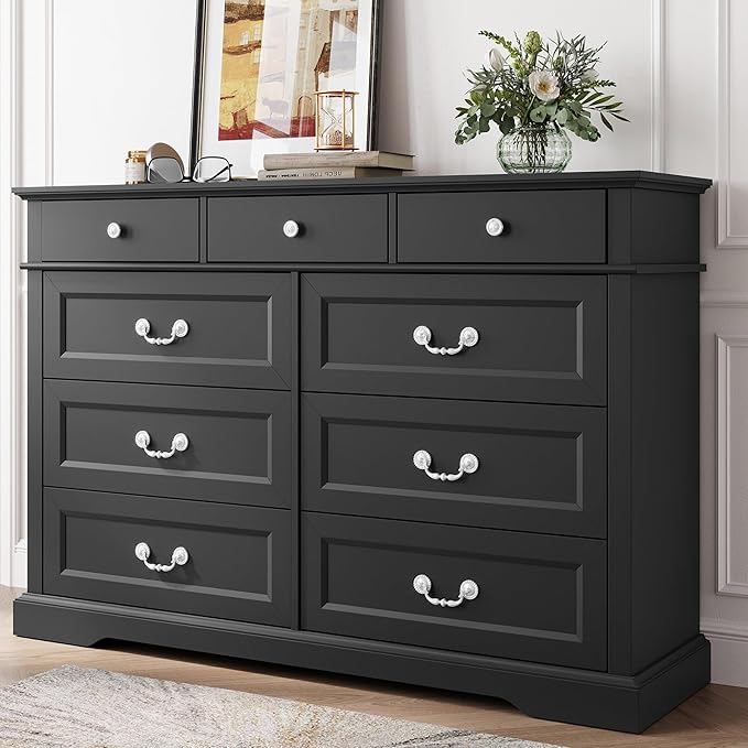 LINSY HOME Farmhouse Dresser for Bedroom, 9 Drawer Bedroom Dresser with Antique Handles, Wood Chest of Drawers for Nursery, Living Room, Entryway and Hallway, Black