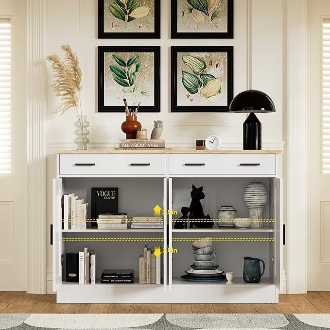 White Sideboard Buffet with 4 Doors & 2 Drawers, Accent Coffee Bar, Kitchen Cabinet for Living Room, Kitchen or Hallway