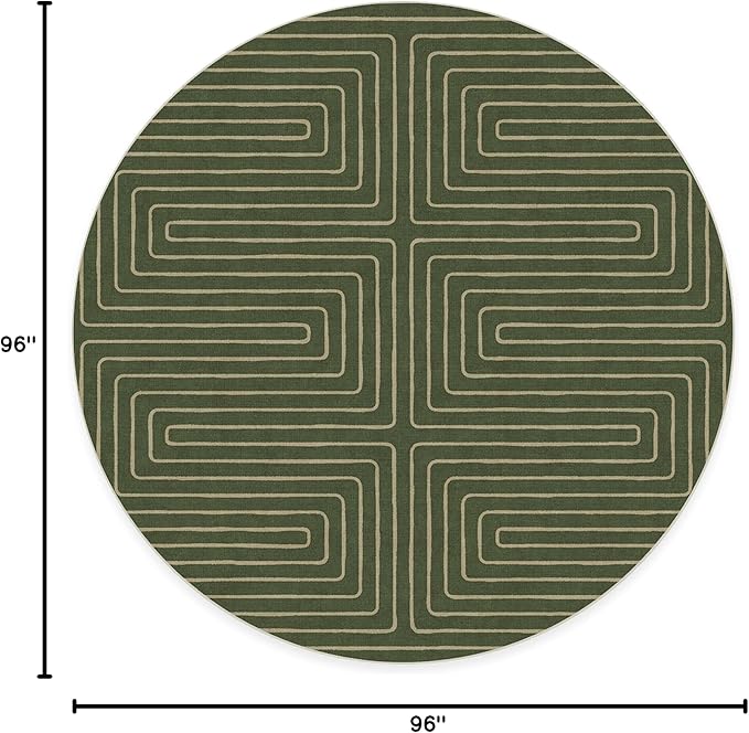 RUGGABLE x Jonathan Adler Machine Washable Area Rug – Labyrinth Fern Green 8 ft Round, Stain-Resistant, Non-Slip – Large Rugs for Living Room, Bedroom, Hallway, Entryway & Office–with Cushioned Pad