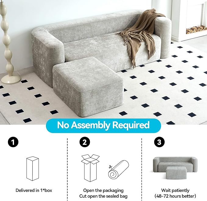 Modern One-Piece Foam Sofa with Ottoman, No Assembly Required, Ergonomic Design Couch, Eco-Friendly Chenille Fabric, Modular DIY Combination Sectional for Living Room, Apartment & Lounge (Light Gray)