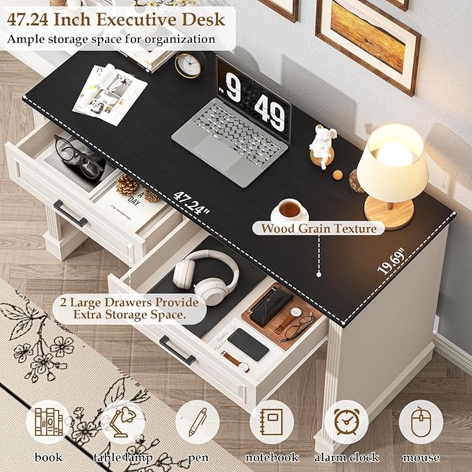 Farmhouse Executive Desk 48 Inch Computer Desk with 2 Drawers Simple Home Office Writing Desk Workstation for Bedroom Study Small Spaces, White and Black