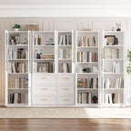 VOWNER Bookcase with Glass Doors & Drawers, 5 Tier Bookshelf with Adjustable Shelf, Modern Large Storage Display Cabinet Set for Home Office, Living Room, White (CDDC)
