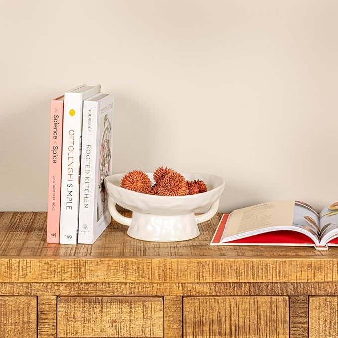 Creative Co-Op Stoneware Footed Pedestal/Bowl with Handles, Reactive Glaze, White