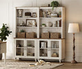 WAMPAT 5 Tier Bookshelf, Bookcase with Glass Doors,Large Farmhouse Display Book Shelf with Adjustable Shelves and Storage Cabinet，Library Wood Bookshelves for Living Room,Kitchen, Rustic White (2PCS)