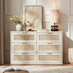 LEYAOYAO Rattan 6 Drawer Dresser for Bedroom, Boho 48" Wide White Dresser Chest of Drawers, Dressers TV Stand with Metal Handle, Storage Dressers Closet Organizer for Living Room, Hallway