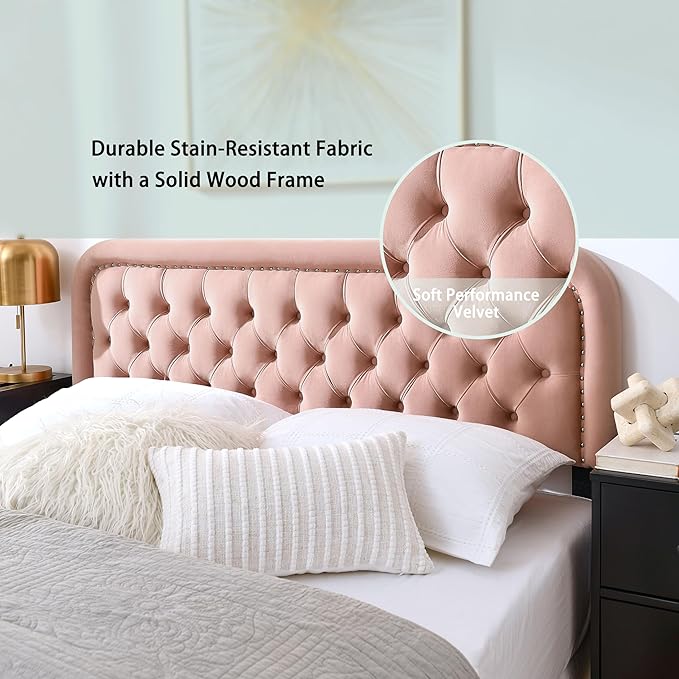 BeyetseaTufted Upholstered Pink King Headboard only-Button Solid Wood HeadBoards with Adjustable Height-Modern Velvet Padded Bed Head Boards-Easy Install&Nailhead