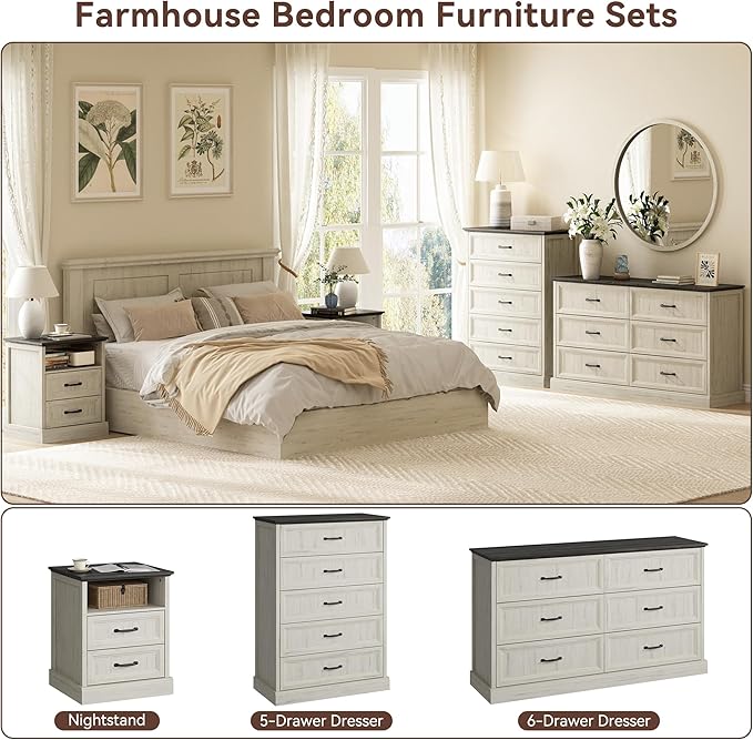 CARPETNAL Farmhouse Dresser and Nightstand Sets for Bedroom, 4 Pcs Bedroom Set, 5 Drawer & 6 Drawer Dresser and Nightstand Set of 2, Wood Chest of Drawers for Living Room, Entryway, White