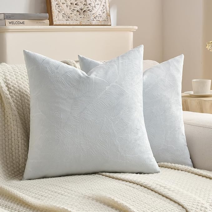 FUTEI Light Blue Velvet Throw Pillow Covers 22x22 Inch Set of 2,Soft Embossed Leaf-Relief Textured Cushion Cases,Natural Home Decor for Couch Living Room
