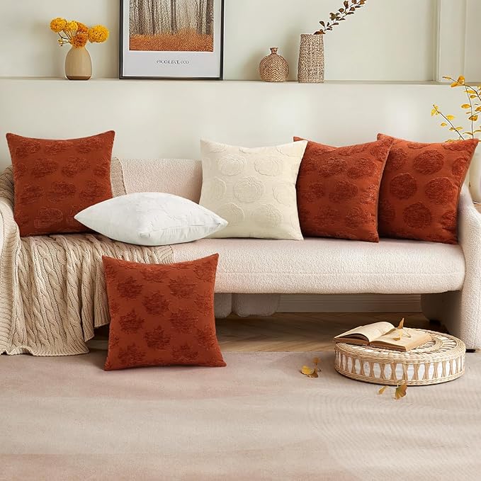 decorUhome Decorative Two Beige Pumpkins Thanksgiving Throw Pillow Covers 18x18 Set of 2, Soft Chenille Jacquard Farmhouse Textured Pillow Covers for Couch Bed Sofa Autumn Harvest Halloween Holiday