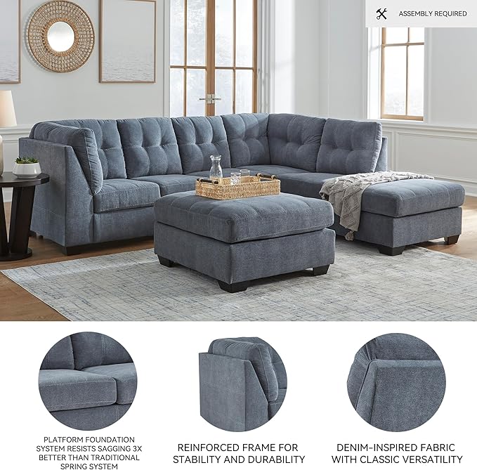 Signature Design by Ashley Marleton Contemporary Right-Arm Facing Tufted 2-Piece Sleeper Sectional with Chaise, Loose Seat Cushions and Bi-Fold Memory Foam Mattress, Full, Blue