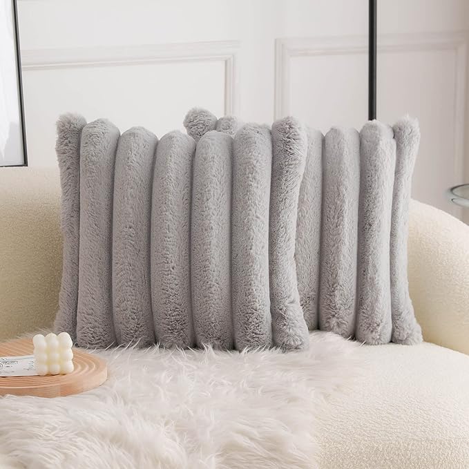 Neelvin Grey Faux Fur Cozy Soft Striped Decorative Throw Pillow Covers 20x20 inch Set of 2,Velvet Pillowcase Cushion Case for Sofa Couch