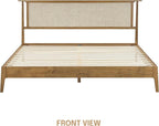 NTC Ruby Wooden Bed Frame with Headboard and Natural Rattan, Solid Oak Foundation with Silent Slats, 1000 Lb Capacity, Effortless Assembly, King - Teak Look
