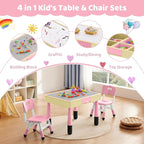 4 in 1 Kids Table and 2 Chairs Set with Storage, Toddler Table and Chair Set for Kids Ages 3-10, Graffiti & Building Blocks Double-Sided Tabletop (Pink, 2 Chairs)