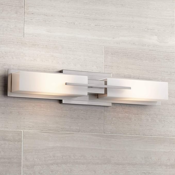 Possini Euro Design Midtown Mid Century Modern Wall Mount Light Brushed Nickel Silver Metal 23 1/2" Wide 2-Light Vanity Fixture Rectangular White Glass Decor for Bathroom Over Mirror House Home