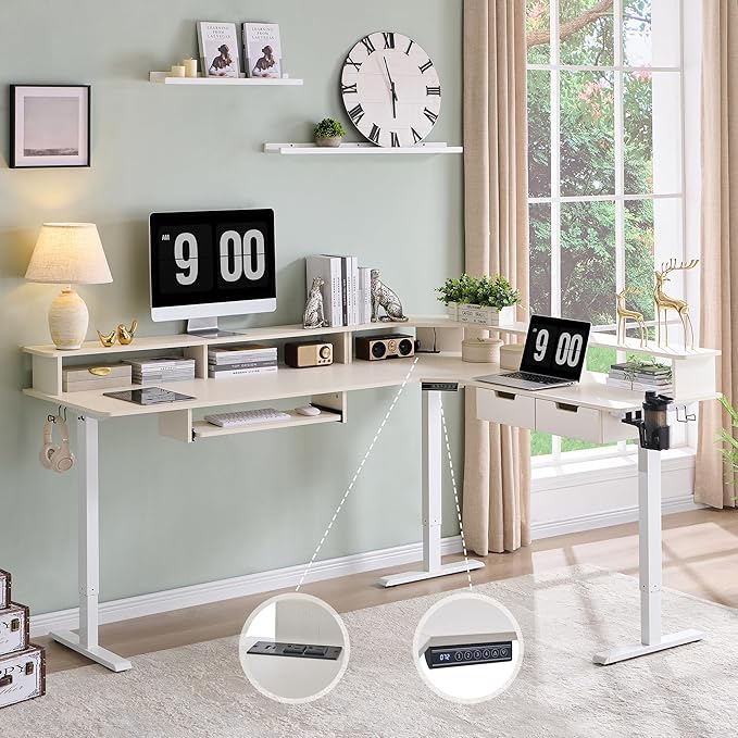RedLemon 75X60 Inches L Shaped Electric Standing Desk, Height Adjustable Corner Gaming Desk with Drawers, Keyboard Tray, Power Outlets & LED Lights, Computer Desk with Monitor Shelf, Antique White