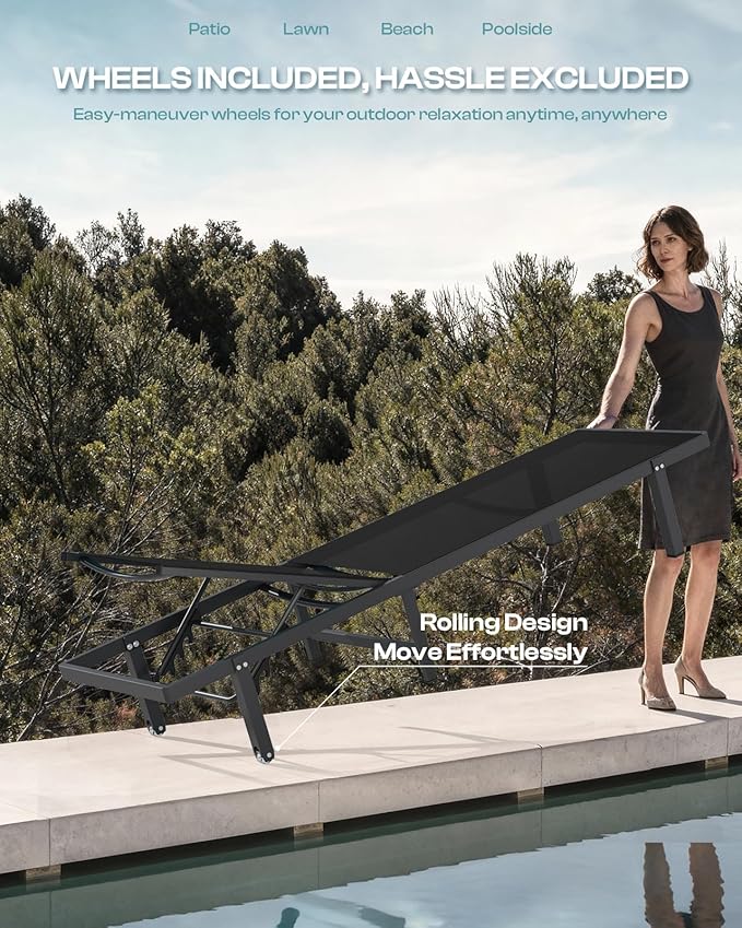 Pool Lounge Chairs Set of 2，Outdoor Lounge Chairs with Wheels and 5-Position Recliner -Easy to Move- Aluminum Patio Lounge Chair for Poolside, Deck (Black)