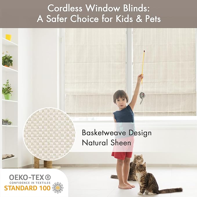Madison Park Galen Cordless Roman Shade, 29"W x 64"H, Sheen Ivory – Room Darkening, Thermal Insulated, Energy Efficient Window Blind with Subtle Sheen Basketweave Fabric for Privacy
